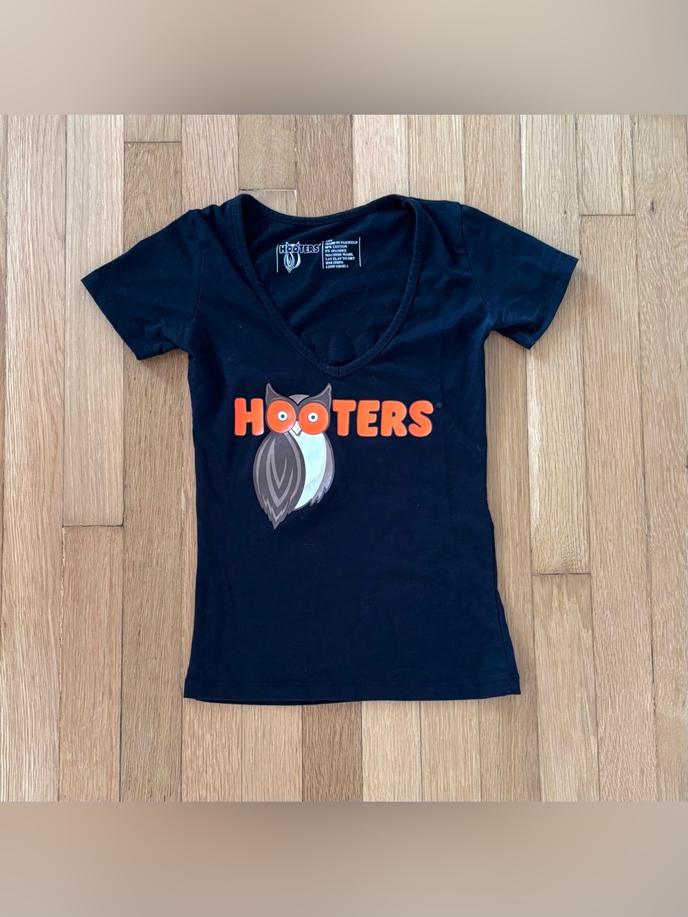 Hooters Uniform Shirt XXS Black Owl Deep V Neck Womens